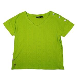 Onque Casual Short Sleeve Ribbed Knit Shirt V-Neck & Side Hem Buttons Green